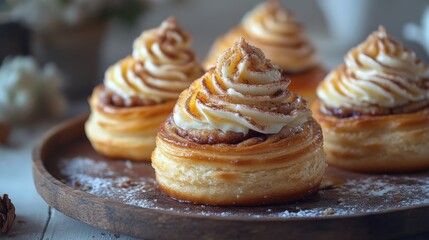 Fototapeta premium Freshly baked pastries are beautifully arranged on a wooden plate, featuring swirls of creamy frosting and a caramel glaze, perfect for dessert lovers.