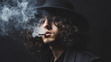 Fototapeta premium A dramatic illustration of a man with long curly hair and a hat, smoking a cigarette with smoke billowing around him