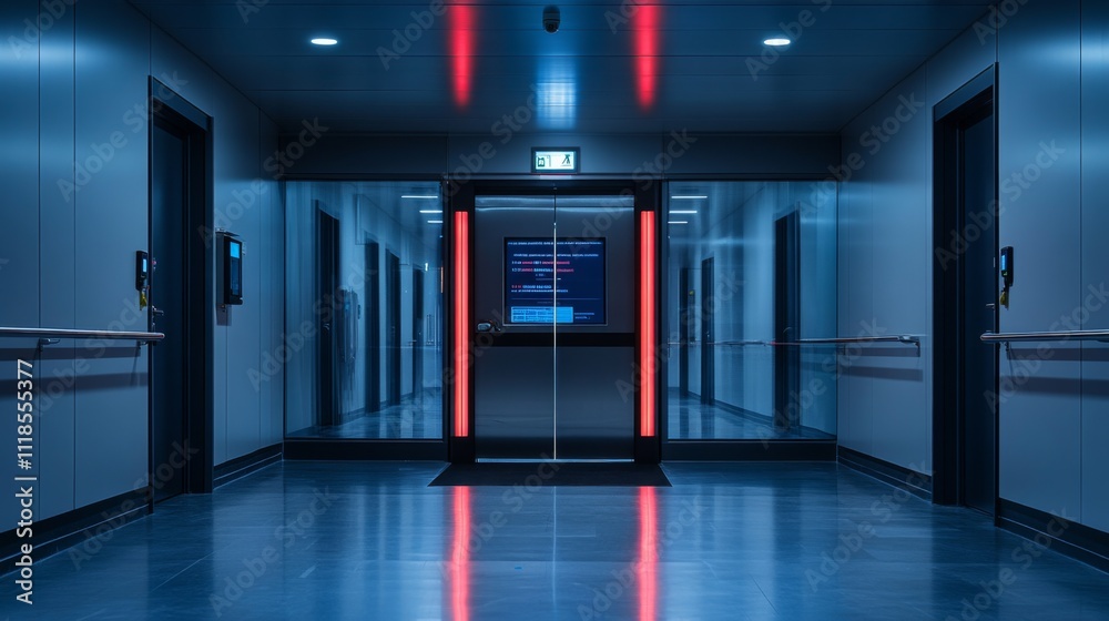 Poster A sleek elevator lobby showcases a modern design featuring ambient blue lighting and illuminated red accents. The space is empty, creating a calm and quiet atmosphere at night.