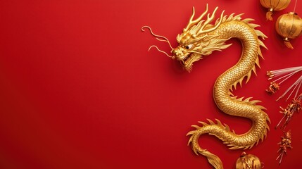 Obraz premium A golden Chinese dragon on red background