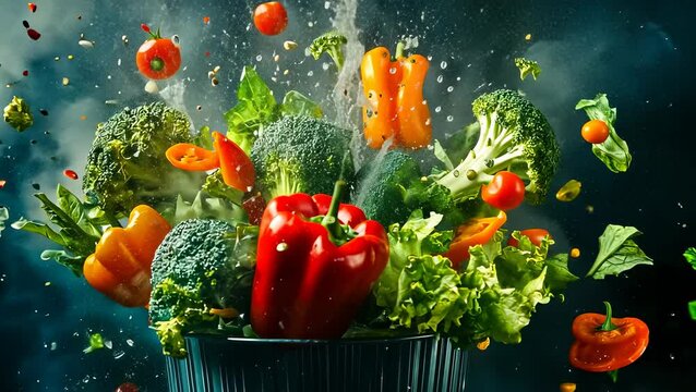 A dynamic display as colorful vegetables fly out of a colander, captured against a dark, misty backdrop. Highlighting fresh, healthy eating.