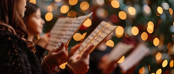 A bunch of young lady singers wearing red are seen holding sheet music in their hands over a festive setting of fuzzy lights on Christmas Day and space, Generative AI.
