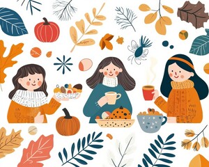 A cheerful Thanksgiving gathering featuring three women enjoying warm drinks and festive treats amidst autumn leaves