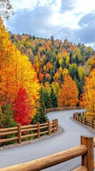 Obraz premium A winding road surrounded by vibrant fall foliage in shades of orange, red, and yellow under a cloudy sky