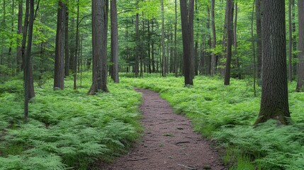 Fototapeta premium A serene forest path surrounded by lush greenery and ferns, inviting exploration and tranquility.