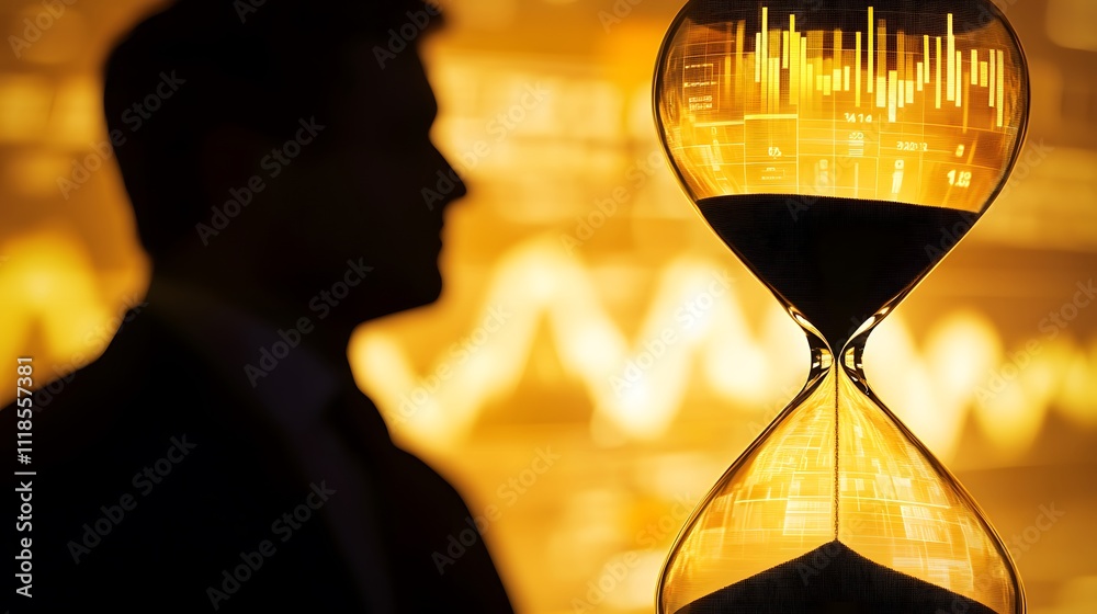 Poster Hourglass Symbolizing Time Management and Financial Growth with Abstract Graphs and Silhouette of a Businessman in the Background for Business Concepts