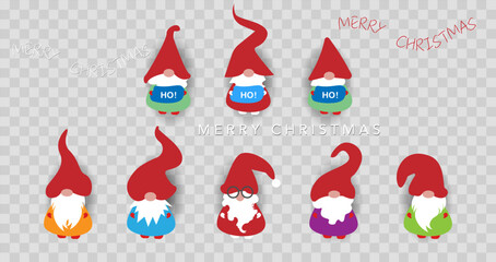 Festive Christmas, set Scandinavian nordic gnome, cute Christmas Santa Gnomes, Ho Ho Ho Elf. Vector clipart isolated for card Xmas elements design
