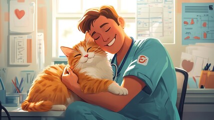 A lively cartoon scene featuring a veterinarian in uniform joyfully engaging with a playful cat post-treatment. The clinic's colorful and inviting atmosphere offers ample space for fun and relaxation.