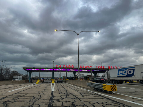 Toll booth to the Chicago Skyway Toll Bridge on a stormy winter day. 
Chicago, Illinois, USA December 4, 2024