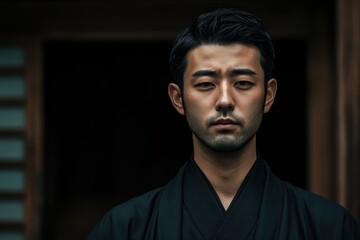 Obraz premium 日本の伝統的な装いを身にまとった男性が静かに佇んでいる瞬間を捉えた
