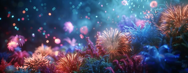 Fototapeta premium Colorful fireworks illuminate a magical landscape of vibrant flowers in brilliant hues.