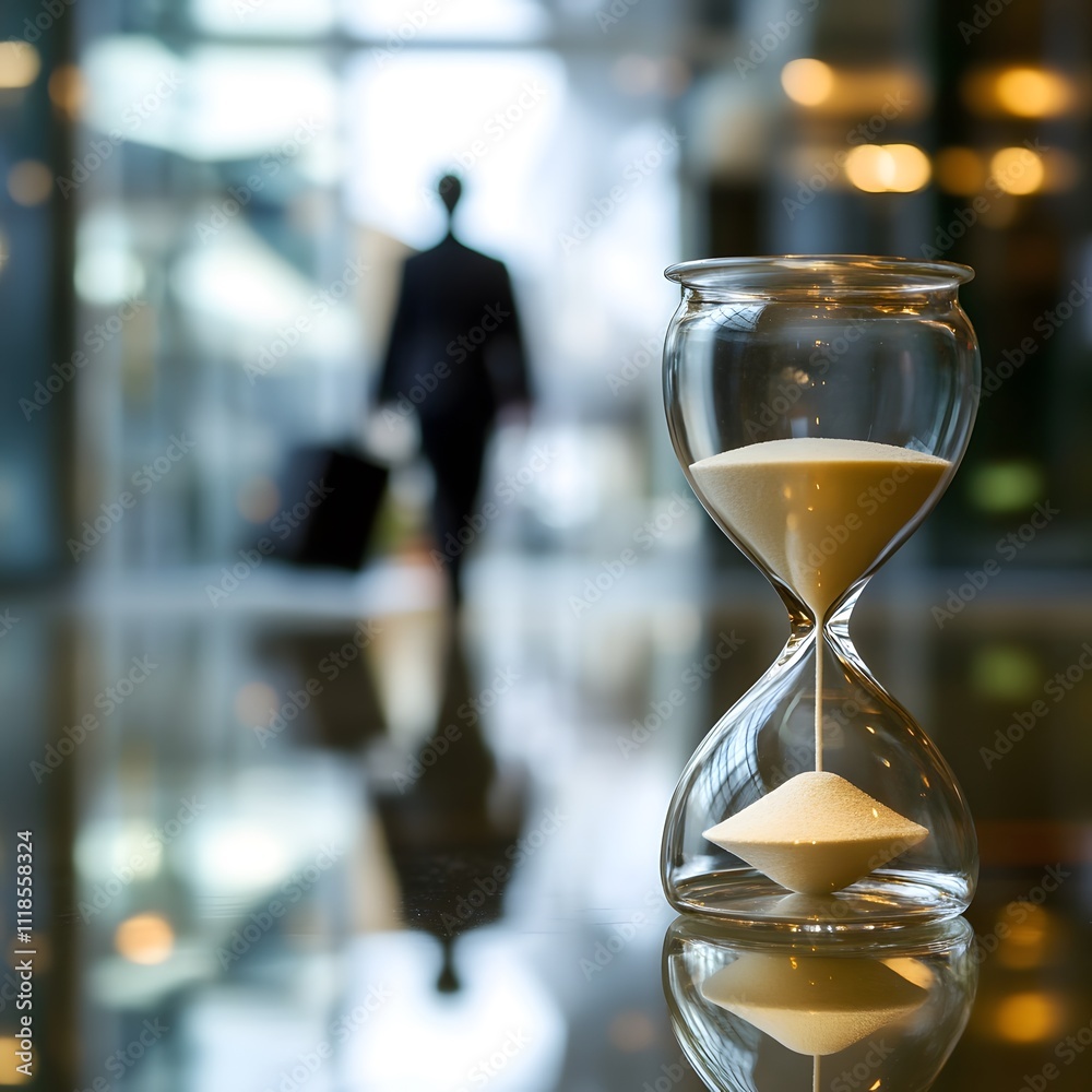Poster Professional individual in blurred background with an hourglass in the foreground representing time management, deadlines, and business efficiency in a corporate environment
