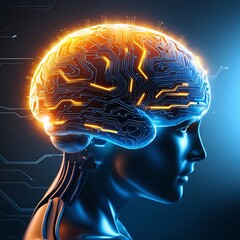 Obraz premium high-contrast, dramatic professional photograph of a futuristic digital brain, comprising intricate networks of blue circuits, pulsing with vibrant orange and yellow light.