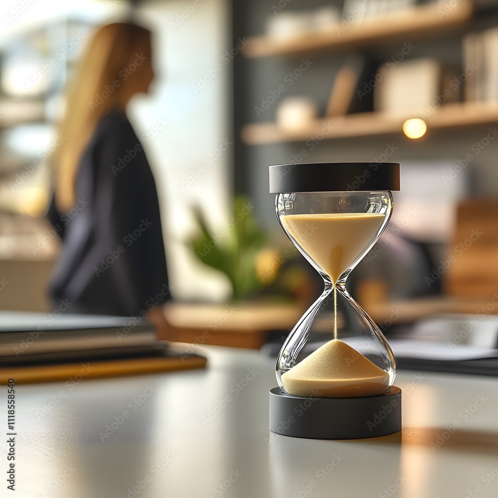 Aufkleber elegant hourglass in a modern workspace with blurred figure in the background, symbolizing time mana