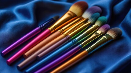 Fototapeta premium Colorful Makeup Brushes Lying on a Soft Fabric Surface