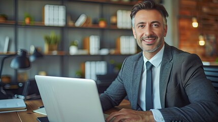 Fototapeta premium Smiling businessman working on laptop in modern office