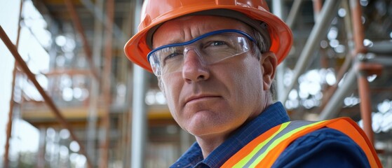 Close-up of a construction safety inspector in an orange hard hat and blue safety vest, inspecting scaffolding and looking at the camera, with a backdrop of scaffold structures and safety equipment