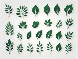 Set of cut-out green plant leaves on a white background, perfect for natural and botanical design projects.