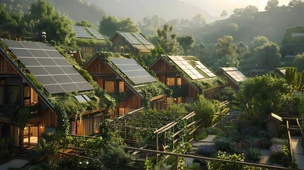A sunny view of a community with many light-colored wooden houses, solar panels on the roofs, and lots of greenery.