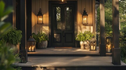 Sunlit porch with lanterns, plants, and dark door.