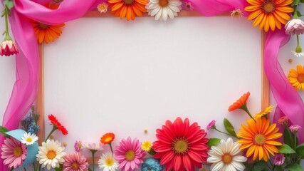 Obraz premium A vibrant frame made of colorful flowers with a central space for text or design elements, perfect for a cheerful and eye-catching composition, space, event, decoration