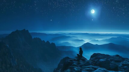 A person sits on a mountaintop overlooking a vast expanse of clouds under a bright moon. 