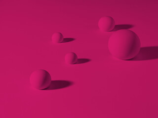 Bold composition of pink spherical objects on a vibrant pink background with distinct shadows creating a striking visual impact