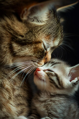 Lovely siberian cat with newborn kitten close-up