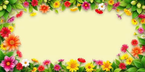 Fototapeta premium A vibrant frame of various colorful flowers in bloom, creating a border around a blank space for text or design elements, summer, nature, decoration