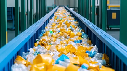A conveyor belt filled with assorted plastic waste, showcasing a mix of yellow and blue items ready for recycling.