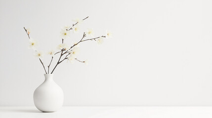 A white vase with a single white flower in it sits on a white table