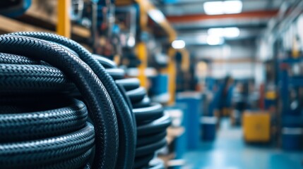 Close-up of Industrial Hoses in a Factory Warehouse