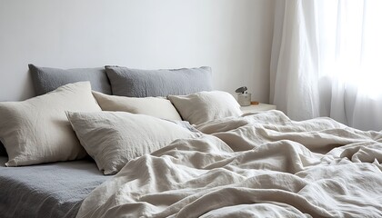 Calming Beige Linen Bedding Cozy Bedroom Soft Texture Natural Light