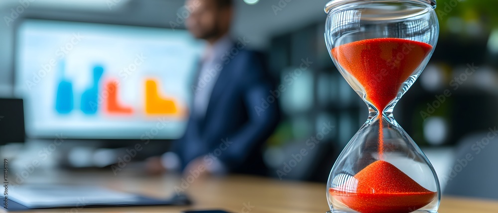 Poster Concept of Time Management and Productivity Demonstrated by Hourglass in Office Setting with Business Professional in Background Outlining Work Efficiency Strategies
