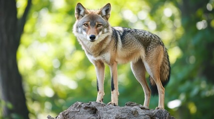 Fototapeta premium A coyote standing on a rock, surrounded by greenery, showcasing its natural habitat.