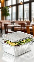 Fresh green salad with avocado sits in a shiny aluminum foil container on a white table. The background features a blurred restaurant setting with natural light highlighting the dish