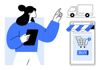 Person using a tablet pointing at a delivery truck with an online shopping cart displayed on a smartphone screen. Ideal for e-commerce, delivery services, digital marketing, online shopping