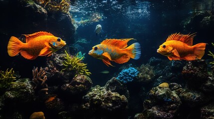 Obraz premium Three vibrant orange and blue fish swim gracefully amidst a dark, mysterious underwater landscape. Their scales shimmer, creating a captivating scene.