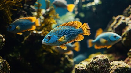 Vibrant blue and orange fish swim amidst underwater rocks and plants. A captivating scene of aquatic life.