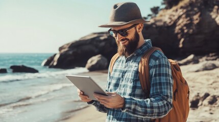 Fototapeta premium Smiling man with beard uses tablet on beach. He's wearing a hat, sunglasses, and a plaid shirt.