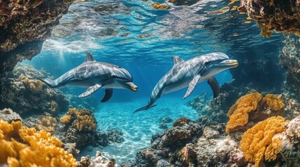 Naklejka premium Two dolphins swim playfully in a vibrant coral reef, sunlight illuminating the crystal-clear water. A breathtaking underwater scene of marine life.