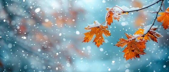 A lone yellow and orange maple leaf branch over a snowy landscape with snowflakes in the setting, depicting the onset of a new season and the demise of dried foliage and space, Generative AI.