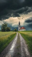 Rural Church Under Dramatic Storm Clouds