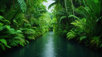Obraz premium Lush green jungle with a tranquil river flowing through it.