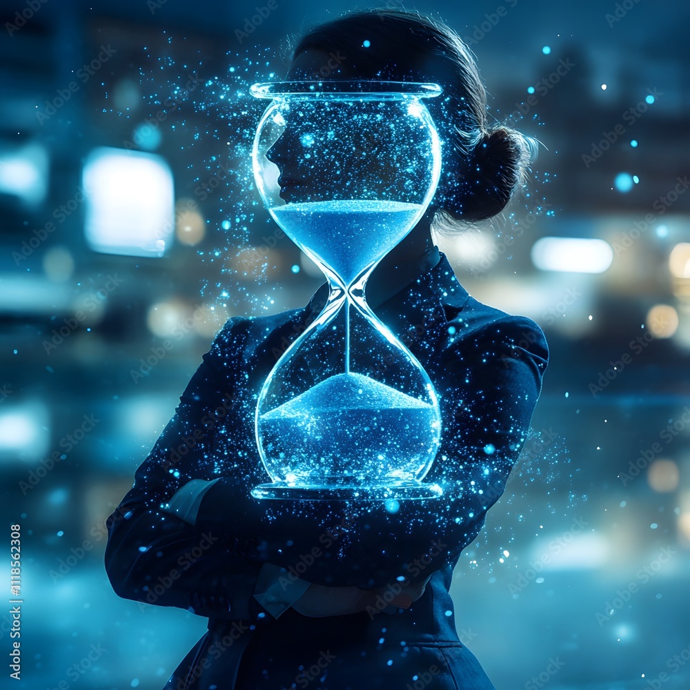 Poster businesswoman in suit with animated hourglass surrounded by sparkling particles signifying time mana