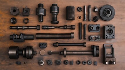 A collection of various black metal mechanical components arranged neatly on a wooden surface, showcasing intricate design and functionality.