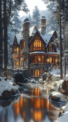 Stunning displaying a stone cottage surrounded by snowy beauty in a winter forest setting picture