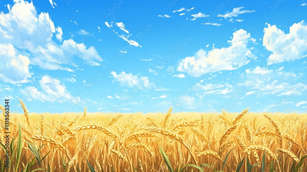Aufkleber a vast landscape of golden wheat swaying gently in the breeze, illuminated by a radiant sky filled w