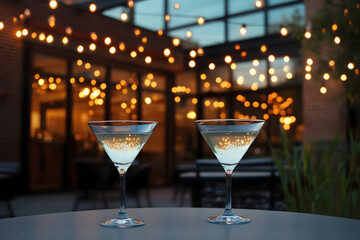 Two cocktails sit elegantly on a table, surrounded by glimmering string lights at twilight