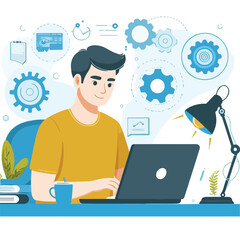 a boy is using his laptop vector